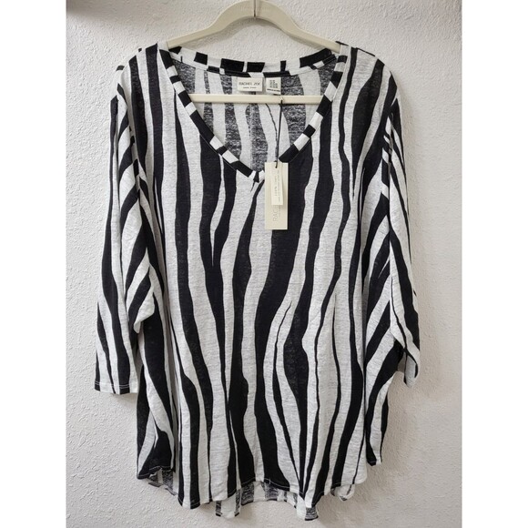 NWT RACHEL ZOE Blouse Top Womens Plus 3X 100% Linen Tunic Black White Zebra - Picture 1 of 6